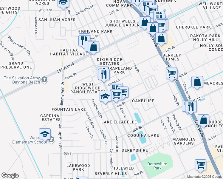 map of restaurants, bars, coffee shops, grocery stores, and more near 1290 9th Street in Daytona Beach