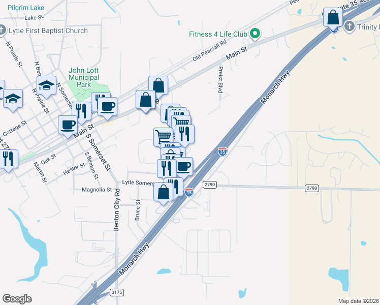 map of restaurants, bars, coffee shops, grocery stores, and more near 9561 Farm to Market Road 2790 in Lytle