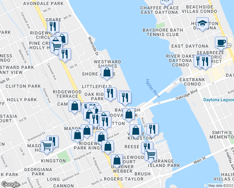 map of restaurants, bars, coffee shops, grocery stores, and more near 235 Riverside Drive in Holly Hill