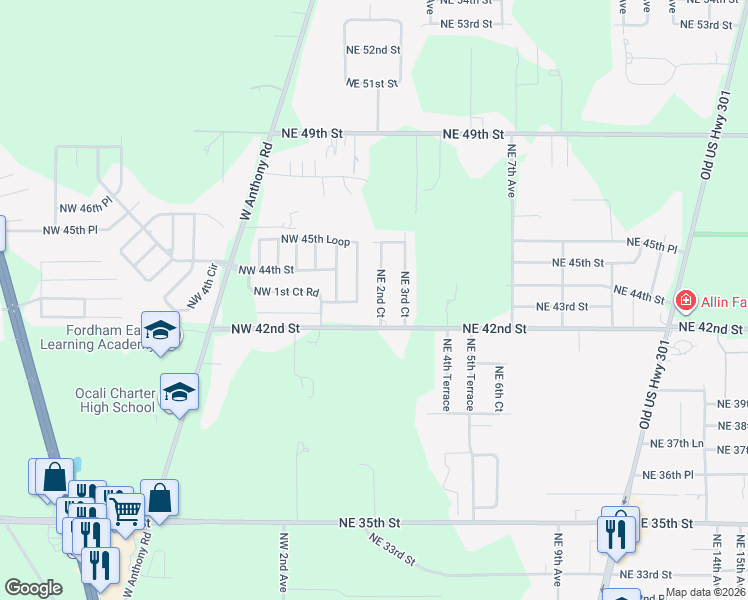 map of restaurants, bars, coffee shops, grocery stores, and more near 4290 Northeast 2nd Court in Ocala