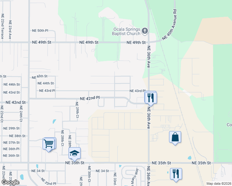 map of restaurants, bars, coffee shops, grocery stores, and more near 3265 Northeast 43rd Place in Ocala