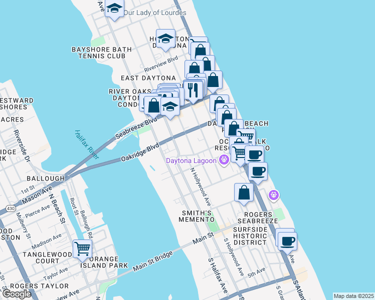 map of restaurants, bars, coffee shops, grocery stores, and more near 425 North Oleander Avenue in Daytona Beach