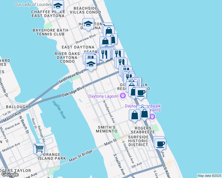 map of restaurants, bars, coffee shops, grocery stores, and more near 409 North Wild Olive Avenue in Daytona Beach