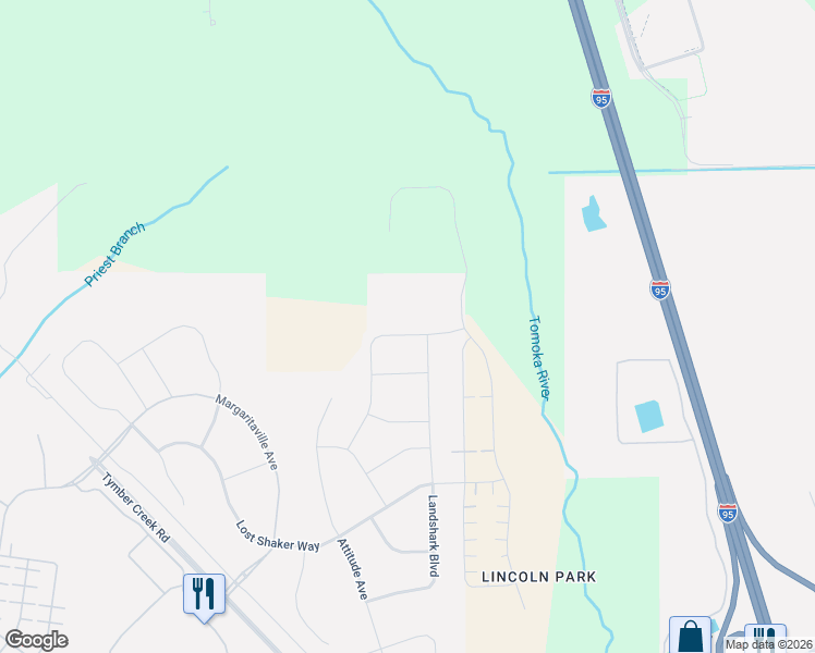 map of restaurants, bars, coffee shops, grocery stores, and more near Lost Shaker Way in Daytona Beach