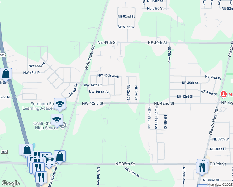 map of restaurants, bars, coffee shops, grocery stores, and more near 42 Northwest 45th Loop in Ocala