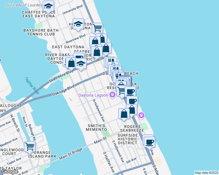 map of restaurants, bars, coffee shops, grocery stores, and more near 401 North Grandview Avenue in Daytona Beach