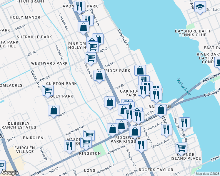 map of restaurants, bars, coffee shops, grocery stores, and more near 322 U.S. 1 in Holly Hill
