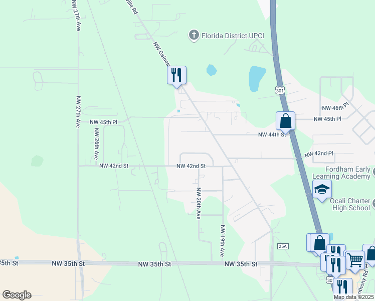 map of restaurants, bars, coffee shops, grocery stores, and more near 2075 Northwest 43rd Street in Ocala
