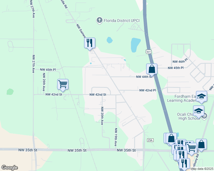 map of restaurants, bars, coffee shops, grocery stores, and more near 4348 Northwest Gainesville Road in Ocala