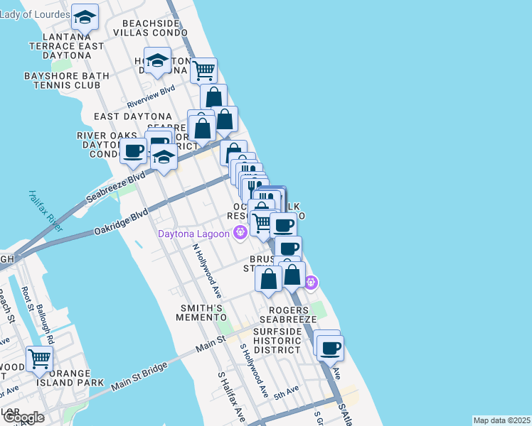 map of restaurants, bars, coffee shops, grocery stores, and more near 300 North Atlantic Avenue in Daytona Beach