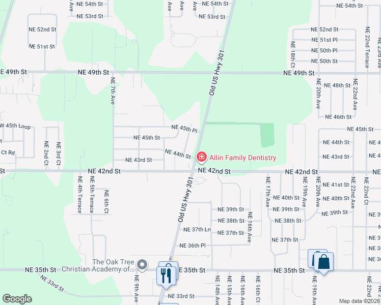 map of restaurants, bars, coffee shops, grocery stores, and more near 4410 Northeast Jacksonville Road in Ocala