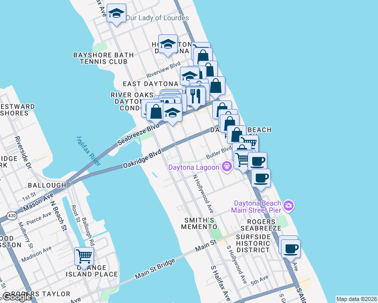 map of restaurants, bars, coffee shops, grocery stores, and more near 425 North Oleander Avenue in Daytona Beach