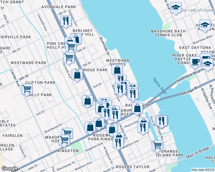 map of restaurants, bars, coffee shops, grocery stores, and more near 251 Daytona Avenue in Daytona Beach