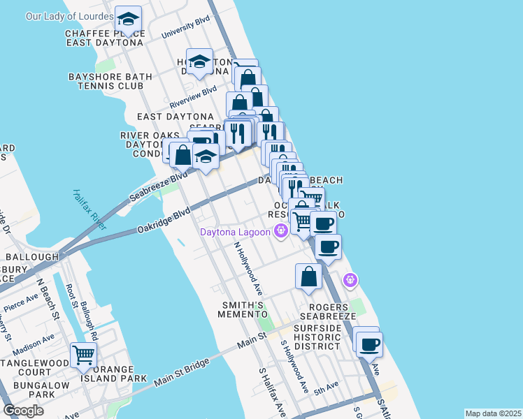 map of restaurants, bars, coffee shops, grocery stores, and more near 409 North Wild Olive Avenue in Daytona Beach