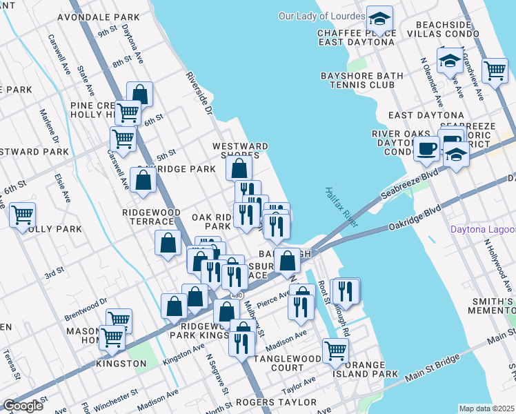 map of restaurants, bars, coffee shops, grocery stores, and more near 235 Riverside Drive in Holly Hill
