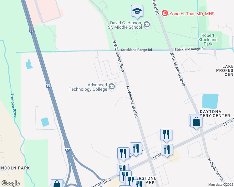map of restaurants, bars, coffee shops, grocery stores, and more near 1770 Technology Boulevard in Daytona Beach