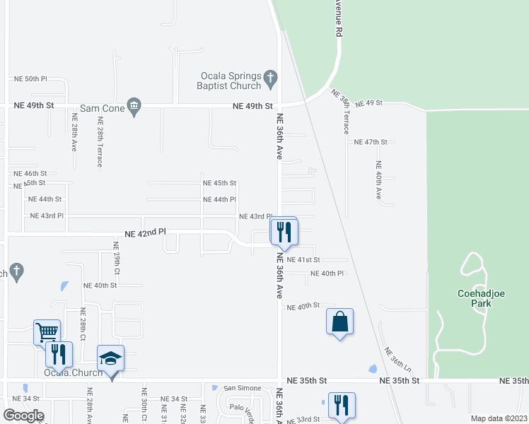 map of restaurants, bars, coffee shops, grocery stores, and more near 3535 Northeast 43rd Place in Ocala