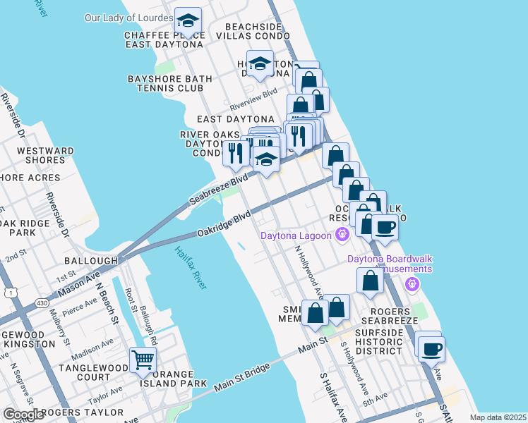map of restaurants, bars, coffee shops, grocery stores, and more near 222 Oakridge Blvd in Daytona Beach