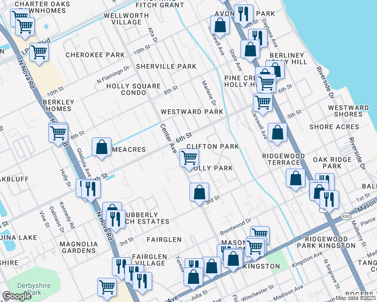 map of restaurants, bars, coffee shops, grocery stores, and more near 505 Card Avenue in Daytona Beach