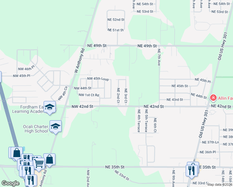map of restaurants, bars, coffee shops, grocery stores, and more near 4365 Northeast 2nd Court in Ocala