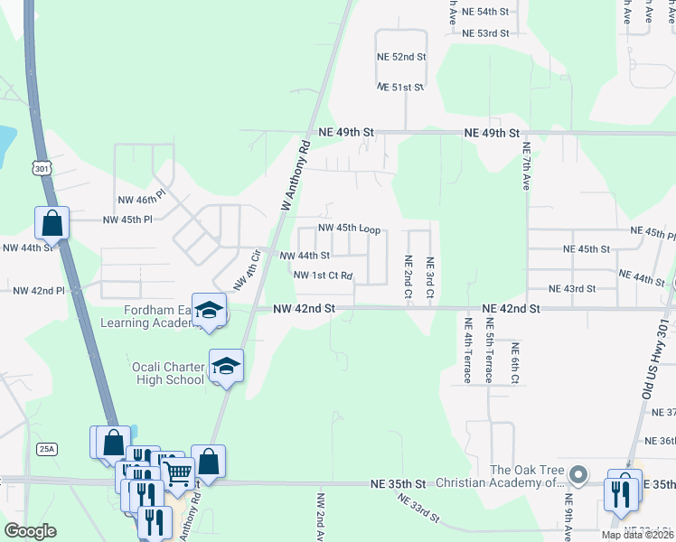 map of restaurants, bars, coffee shops, grocery stores, and more near 162 Northwest 44th Street in Ocala
