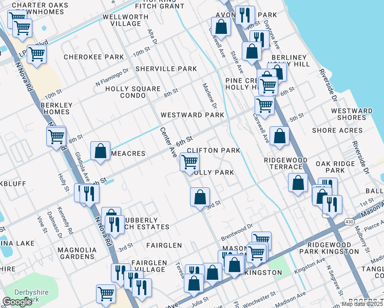 map of restaurants, bars, coffee shops, grocery stores, and more near 505 Card Avenue in Daytona Beach