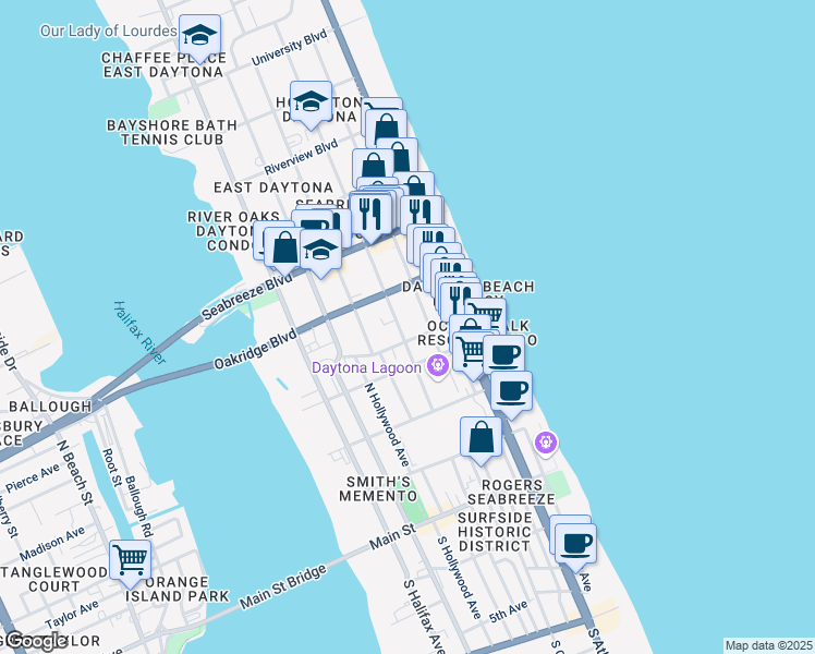 map of restaurants, bars, coffee shops, grocery stores, and more near 409 North Wild Olive Avenue in Daytona Beach