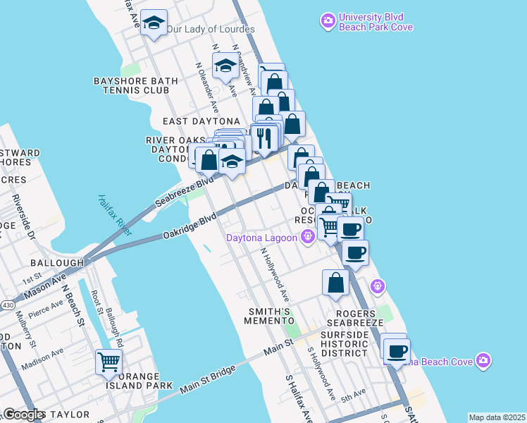 map of restaurants, bars, coffee shops, grocery stores, and more near 425 North Oleander Avenue in Daytona Beach