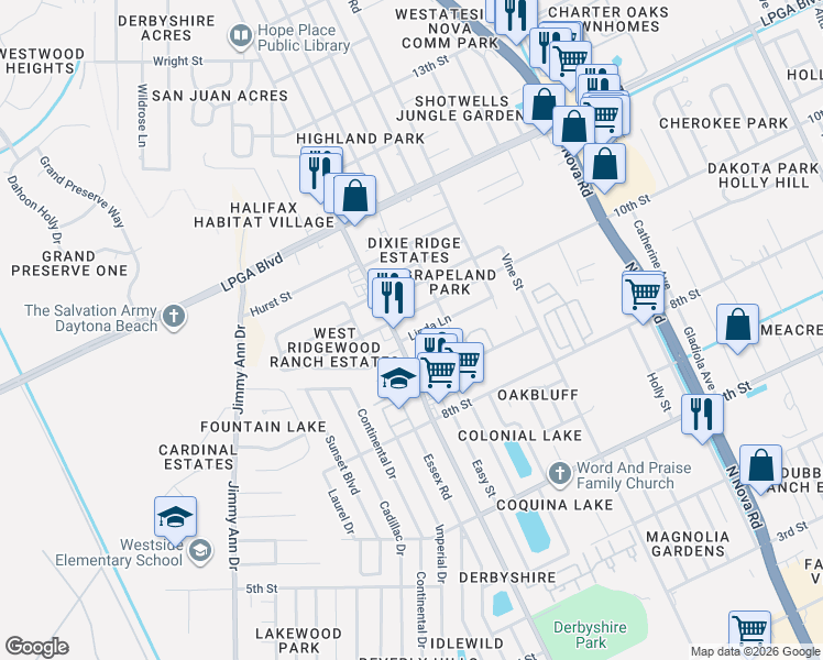 map of restaurants, bars, coffee shops, grocery stores, and more near 1228 Linda Lane in Daytona Beach