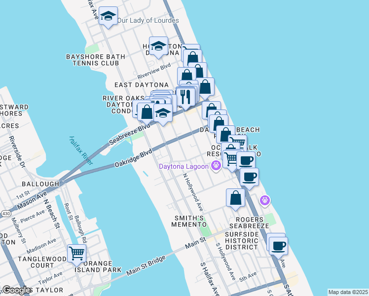 map of restaurants, bars, coffee shops, grocery stores, and more near 425 North Oleander Avenue in Daytona Beach