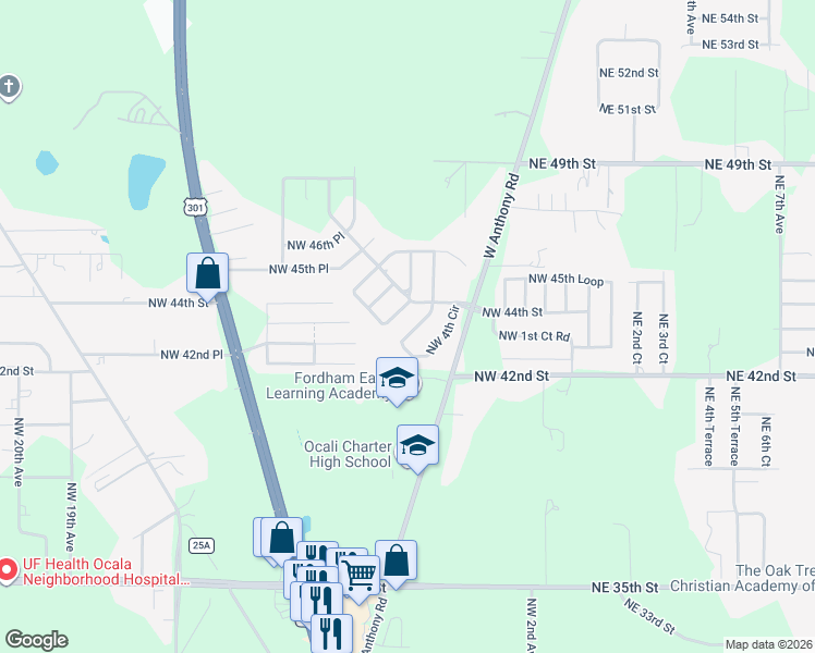 map of restaurants, bars, coffee shops, grocery stores, and more near 4375 Northwest 4th Circle in Ocala