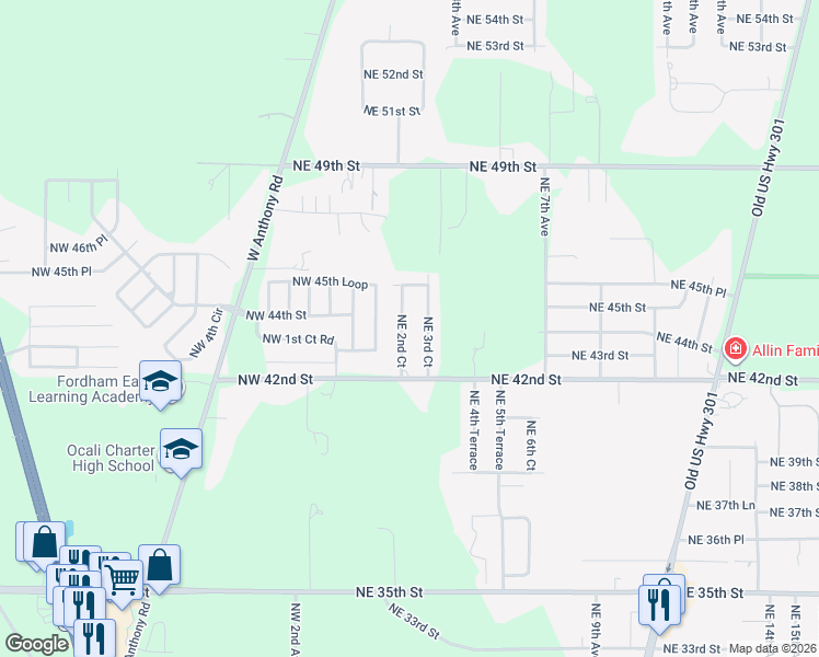 map of restaurants, bars, coffee shops, grocery stores, and more near 4365 NE 2nd Ct in Ocala