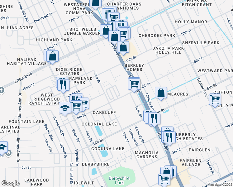 map of restaurants, bars, coffee shops, grocery stores, and more near 866 East Colonial Circle in Daytona Beach