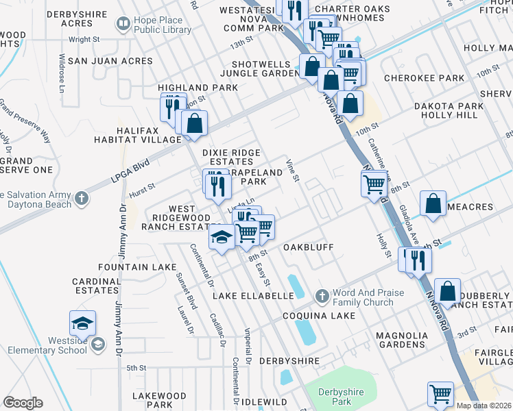 map of restaurants, bars, coffee shops, grocery stores, and more near 991 Bobbie Lee Drive in Daytona Beach