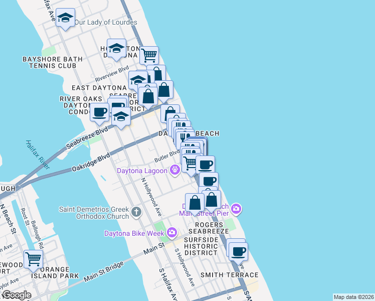 map of restaurants, bars, coffee shops, grocery stores, and more near 80 Florida A1A in Daytona Beach