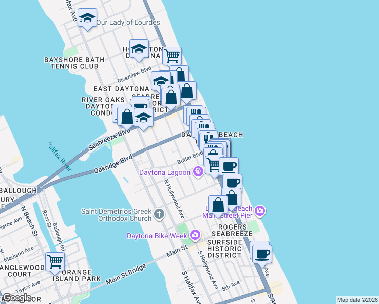 map of restaurants, bars, coffee shops, grocery stores, and more near 401 North Grandview Avenue in Daytona Beach