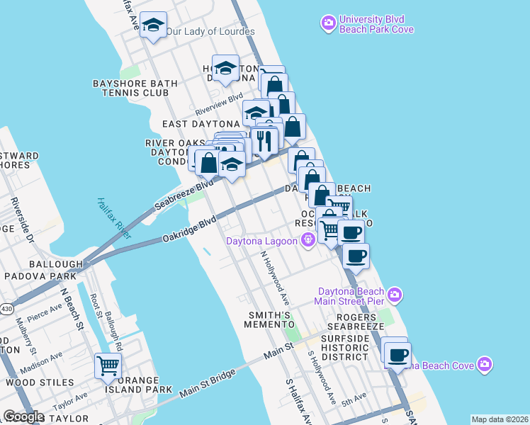 map of restaurants, bars, coffee shops, grocery stores, and more near 425 North Oleander Avenue in Daytona Beach