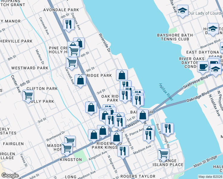 map of restaurants, bars, coffee shops, grocery stores, and more near 267 Daytona Avenue in Daytona Beach
