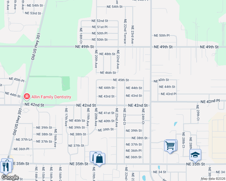 map of restaurants, bars, coffee shops, grocery stores, and more near 2170 Northeast 44th Street in Ocala