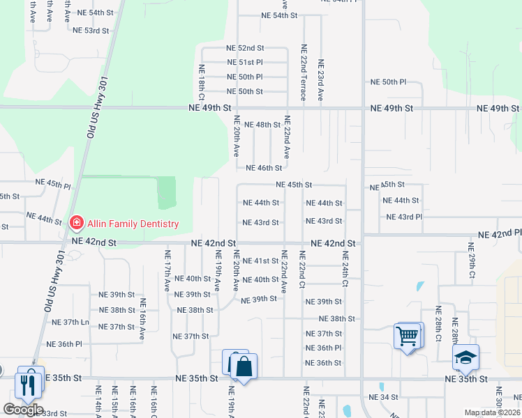 map of restaurants, bars, coffee shops, grocery stores, and more near 2080 Northeast 44th Street in Ocala