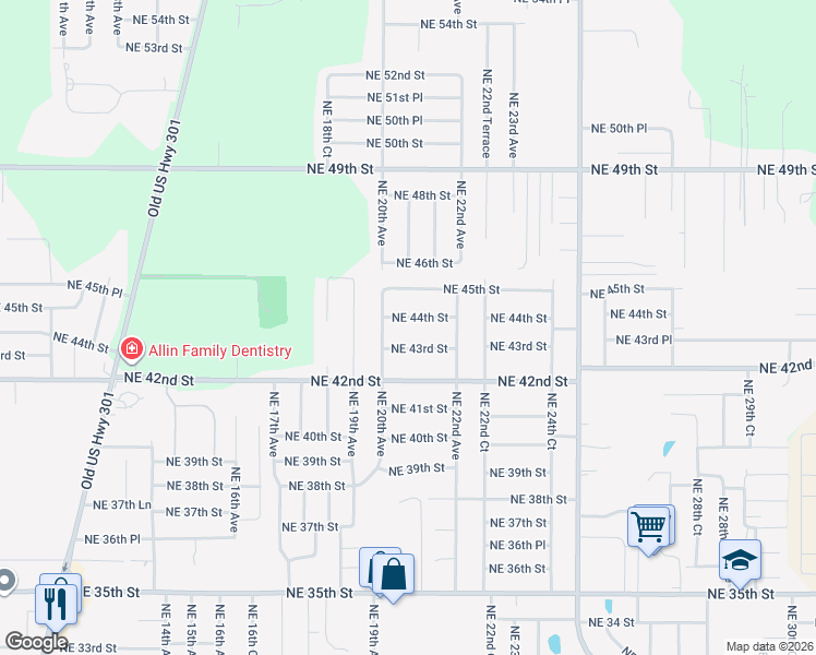 map of restaurants, bars, coffee shops, grocery stores, and more near 2080 Northeast 44th Street in Ocala