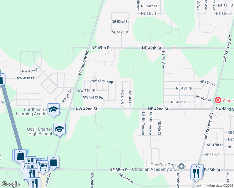 map of restaurants, bars, coffee shops, grocery stores, and more near 42 Northwest 45th Loop in Ocala