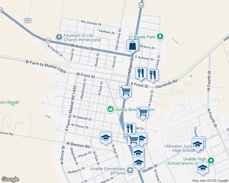 map of restaurants, bars, coffee shops, grocery stores, and more near 211 East Commerce Street in Uvalde