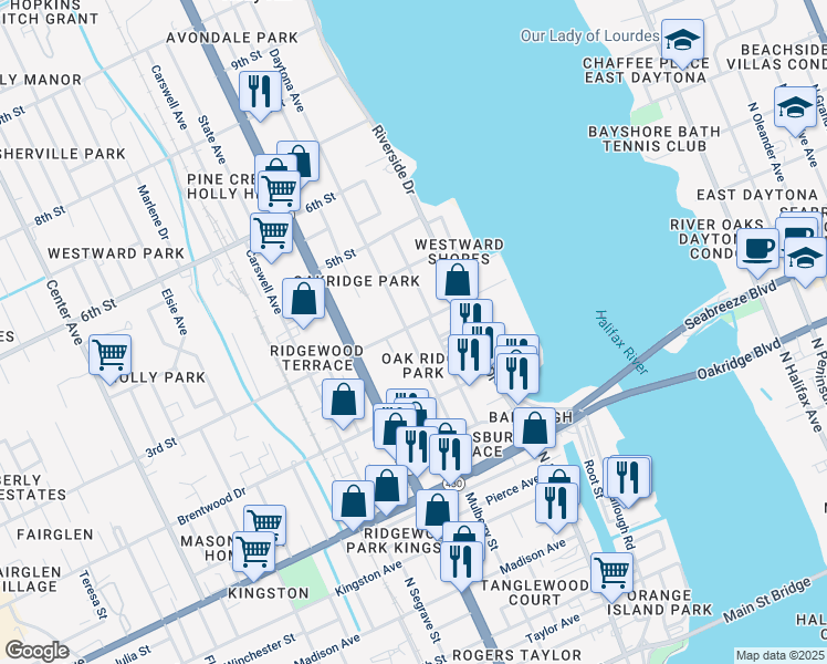 map of restaurants, bars, coffee shops, grocery stores, and more near 267 Daytona Avenue in Daytona Beach