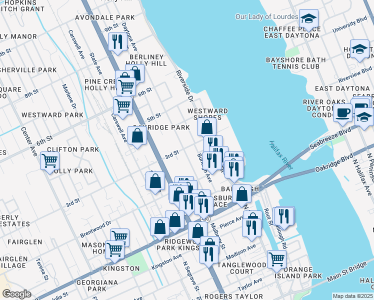 map of restaurants, bars, coffee shops, grocery stores, and more near 267 Daytona Avenue in Daytona Beach