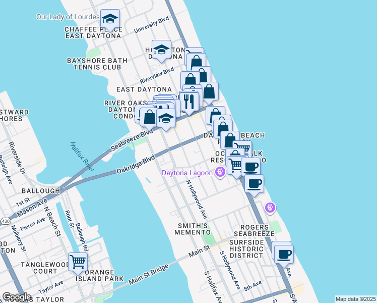 map of restaurants, bars, coffee shops, grocery stores, and more near 425 North Oleander Avenue in Daytona Beach