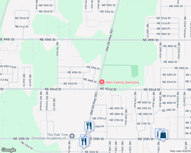 map of restaurants, bars, coffee shops, grocery stores, and more near 4410 Northeast Jacksonville Road in Ocala