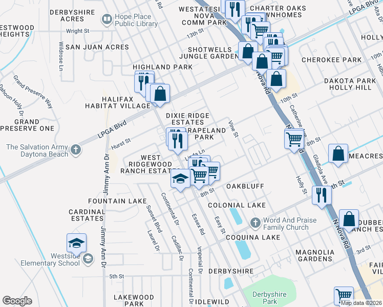 map of restaurants, bars, coffee shops, grocery stores, and more near 1228 Linda Ln in Daytona Beach