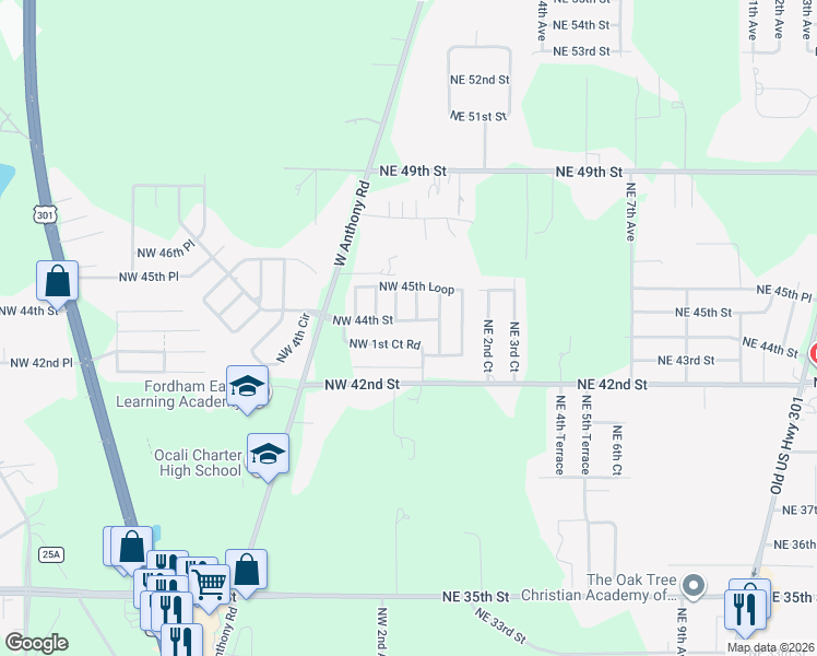 map of restaurants, bars, coffee shops, grocery stores, and more near 162 Northwest 44th Street in Ocala