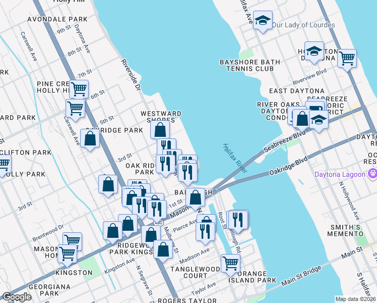 map of restaurants, bars, coffee shops, grocery stores, and more near 231 Riverside Drive in Daytona Beach
